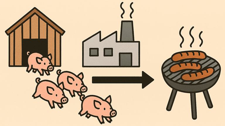 links ein Stall aus dem Schweine in eine Fabrik laufen. Rechts steht ein Grill mit Würstchen.